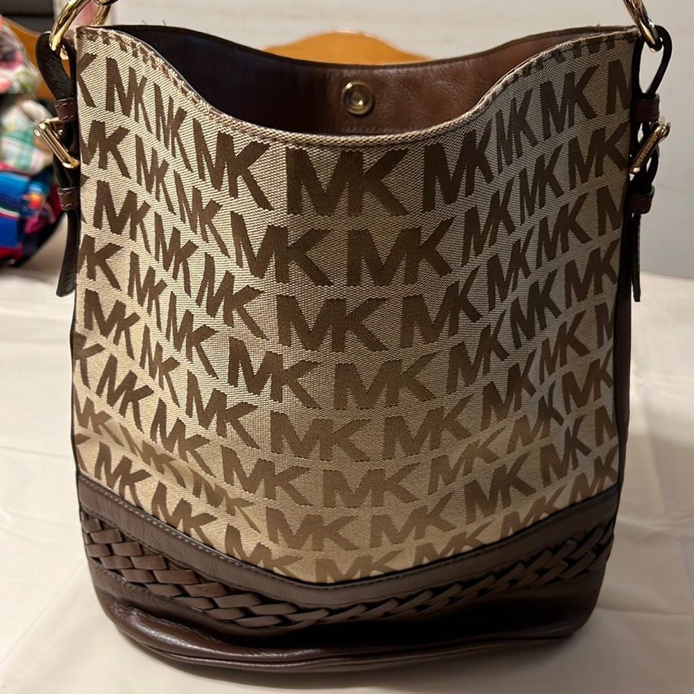 Michael Kors Beige and Brown MK Logo Shoulder Hobo$45